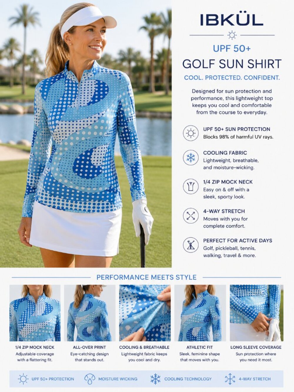 IBKUL UPF 50+ Golf Shirt Blue 1/4 Zip Long Sleeve Sun Top Cooling Tennis Sport